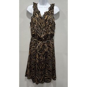 White House Black Market Satin Dress Size 8 Black Tiger Stripe Sleeveless Belted